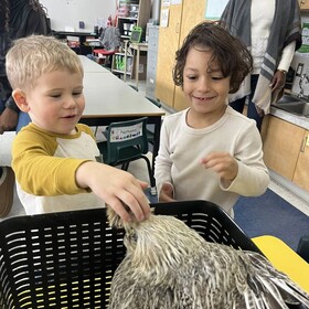 deux élèves avec une poule à l'école
